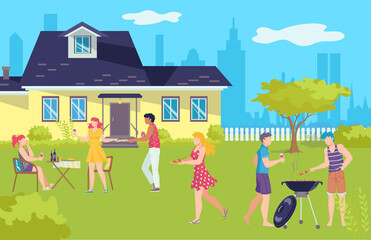 Obraz na płótnie Canvas Barbecue picnic in summer, grill bbq holidays vector illustration. Barbeque on vacation, happy people outdoor, group of friends having picnic and making grilled meat and food. Lunch on nature.