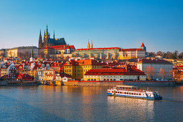Naklejka na ściany i meble Prague city - amazing view on old town, Charles bridge and Vltava river, Czech Republic 