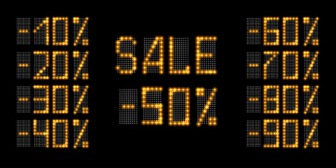 LED sale discoun digital panel with golden neon glowing effect. Set of promo  fluorescent  luminous numbers percents. Vector illustration