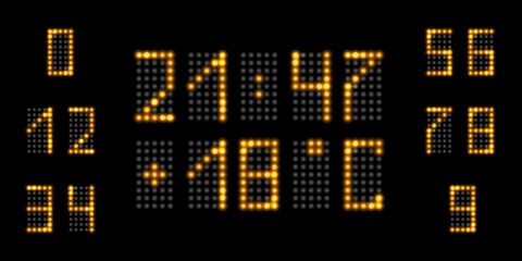 LEDnumbers with golden neon glow. Digital tableaux with timer and temperature panel, set of numbers with luminous shiny fluorescent light effect. Vector illustration