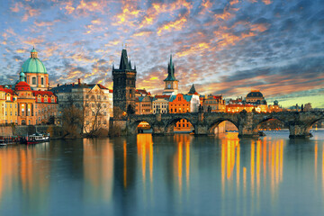 Obraz premium Prague city - amazing view on old town, Charles bridge and Vltava river, Czech Republic 
