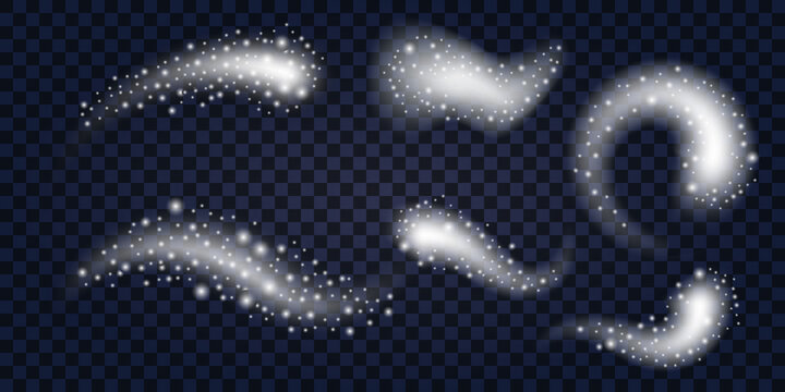 Snow and wind swirl set. Winter glitter snow with bizzard sparks and trail. Christmas decorative elements, wind and fog. Vector iilustration