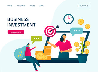Business investments, financial investors market website template, vector illustration. Return of invetment profits in stock dividend. Easy invest with mutual fund. App for commodity and money market.
