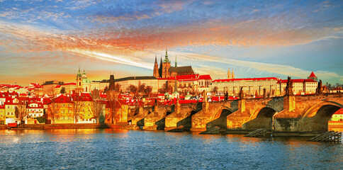 Fototapeta na wymiar Prague city - amazing view on old town, Charles bridge and Vltava river, Czech Republic 