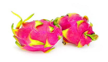 Two dragon fruit isolated on white background, healthy, colorful, organic pitaya.