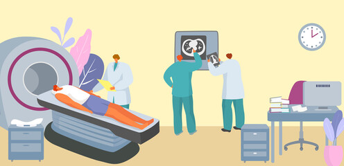 Cancer desease, people at doctors appointment vector illustration. Medical doctor looking at x-ray image in hospital. Concept of health care or diagnosis. Medical examination and consultation.