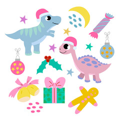 Set of New Year cute dinosaurs and Christmas elements on white background, in vector graphic. For the design postcards, posters, wrapping paper, cover prints, childrens clothing