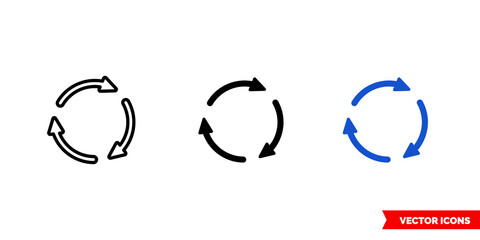 Rotate arrows icon of 3 types color, black and white, outline. Isolated vector sign symbol.