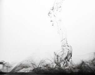 Closeup of a black ink in water in motion isolated on white. Ink swirling underwater. Colored abstract smoke explosion effect. Abstract background with copy space..