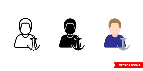 Sailor seafarer seaman icon of 3 types color, black and white, outline. Isolated vector sign symbol.