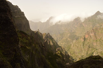 Fototapeta na wymiar The misty and dramatic mountain landscape on Madeira Island in Portugal