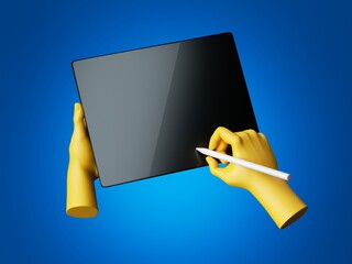 3d render yellow hands hold black device with digital pen. Pad with glossy touchscreen. Digital signature concept. Blank mockup isolated on blue background.