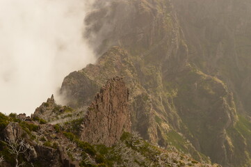 The misty and dramatic mountain landscape on Madeira Island in Portugal