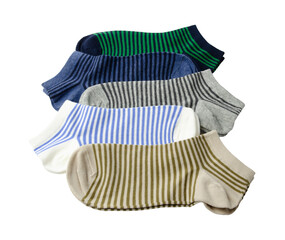 a pair of striped short socks in different colors are located on a white background