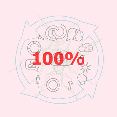 Text 100 percent. Business concept . Flat outline linear Infographic