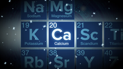 Close up of the Calcium symbol in the periodic table, tech space environment.	