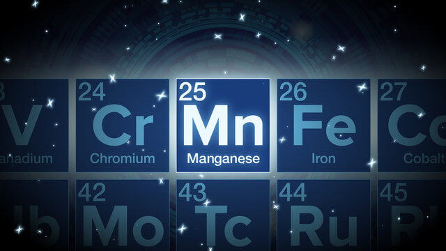 Close up of the Manganese symbol in the periodic table, tech space environment.	