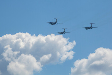 Russian military aircraft fly to the Victory Parade.