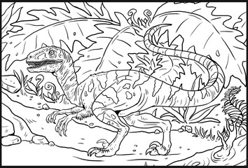 Carnivorous dinosaur - velociraptor. Isolated drawing and coloring page.