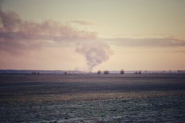 Fototapeta na wymiar Smoke from a large fire over an agricultural field in the evening. Puffs of smoke in the sunset sky.