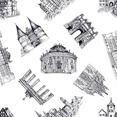 Seamless pattern of hand drawn sketch style German landmarks isolated on white background. Vector illustration.