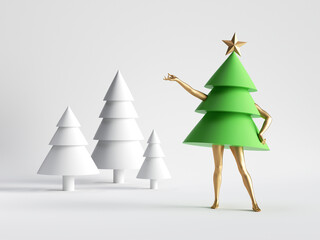 3d render. Green Christmas tree cartoon character with mannequin legs posing. Minimal seasonal clip art isolated on white background. Unique toy