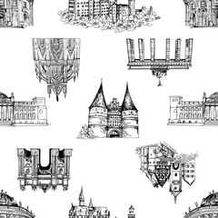 Seamless pattern of hand drawn sketch style German landmarks isolated on white background. Vector illustration. - 381731715