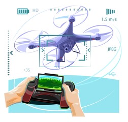 Copter. Drone with a camera. Isolated vector illustrations on white background. Flat style. Flies. Rotation of the propellers. Manual control from a remote control with a display. © WebPAINTER-Std
