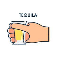 Male hand holding a glass of tequila. Line art design element on white background. Fingers human with a stack with strong alcohol. Concept of time to drink alcohol. Modern graphic style illustration