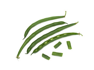 Green bean pods on a white background