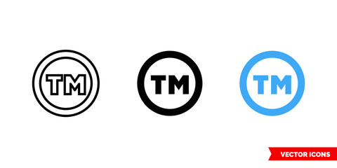 Trademark sign icon of 3 types color, black and white, outline. Isolated vector sign symbol.