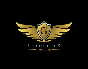 Luxury Wings Logo With G Letter. Elegant Gold Shield badge design for Royalty, Letter Stamp, Boutique,  Hotel, Heraldic, Jewelry, Automotive.