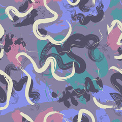 vector multi rough doodle freeform and lines brush stroke overlapped seamless pattern on purple grey