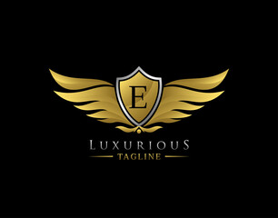 Luxury Wings Logo With E Letter. Elegant Gold Shield badge design for Royalty, Letter Stamp, Boutique,  Hotel, Heraldic, Jewelry, Automotive.