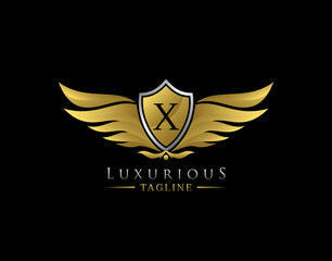 Luxury Wings Logo With X Letter. Elegant Gold Shield badge design for Royalty, Letter Stamp, Boutique,  Hotel, Heraldic, Jewelry, Automotive.