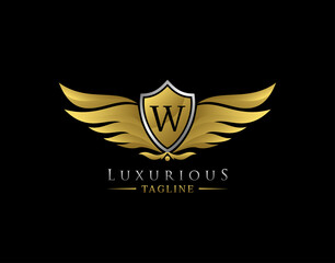 Luxury Wings Logo With W Letter. Elegant Gold Shield badge design for Royalty, Letter Stamp, Boutique,  Hotel, Heraldic, Jewelry, Automotive.