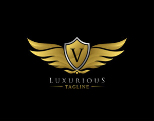 Luxury Wings Logo With V Letter. Elegant Gold Shield badge design for Royalty, Letter Stamp, Boutique,  Hotel, Heraldic, Jewelry, Automotive.