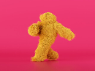 3d render, hairy yellow beast cartoon character walking or dancing, isolated on pink background, active posing. Fluffy plush toy. Man wearing halloween costume of a mascot, furry monster
