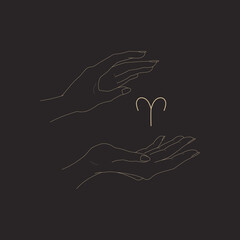 Female hands holding aries glyph. Gesture and aries zodiac sign. Magic hands silhouette. Outline isolated vector illustration. Design element for logotype, tattoo, print, icon.