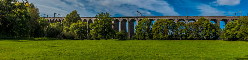 A panorama view across the Digswell Viaduct near Welwyn Garden City, UK in the summertime