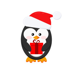 Cute christmas penguin boy with red x-mas gift isolated on white background - penguin in Santa Claus red christmas hat. Flat design cartoon style vector illustration.