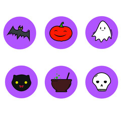 Vector image. Icons in the style of Halloween. Bat, pumpkin, ghost, skull, potion, black cat.