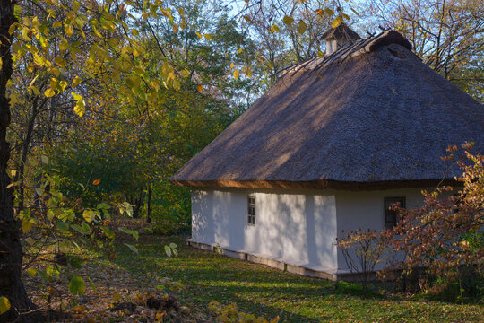 Old traditional Ukrainian house in the Taras Shevchenko National Reserve in Kanev, Ukraine. Historical places of Ukraine. Travel Ukraine.