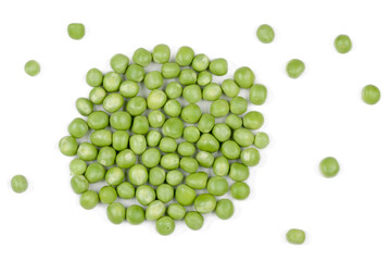 Fresh green peas isolated on white background. top view
