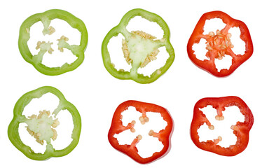 Slices of bell pepper isolated on white background, top view