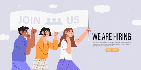 Vector illustration of company searching new employee or worker. Concept of join us, freelance job or we are hiring for banner, flyer, landing page. Group of office workers shouting in loud speaker.