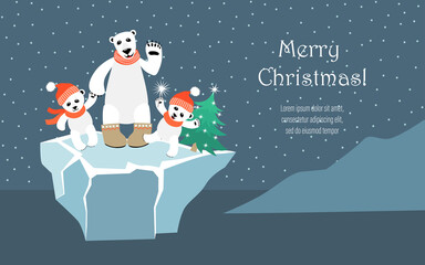 Cheerful polar bears have fun on the ice floe. Background for covers, banners, flyers, splash screens, postcards. Merry Christmas.