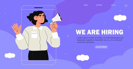 Obraz premium Vector illustration of woman or female employer in smartphone shout in loud speaker and recruit new employees. We are hiring, job vacancy or headhunting banner, poster, flyer or web page design.