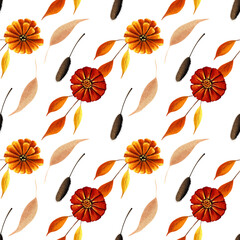 Seamless pattern with yellow flowers and autumn leaves on white background. Hadn drawn illustration.