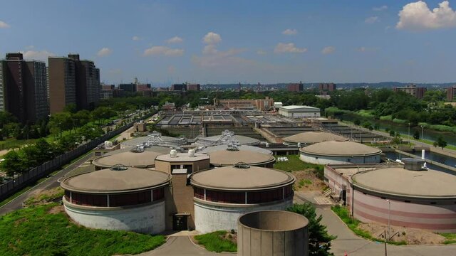 Aerial Zoom View of an Industrial Waste Water Plant in Brooklyn